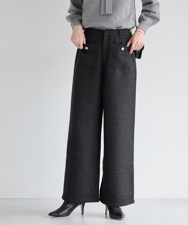 【ピエロ/Pierrot】のボタンデザインラメツイードワイドパンツ インテリア・キッズ・メンズ・レディースファッション・服の通販 founy(ファニー) 　ファッション　Fashion　レディースファッション　Fashion for Women　パンツ　Pants & Trousers　送料無料　Free Shipping　ツイード　Twill, Twill Weave　トレンド　Trend, Trending Now　フロント　Front, Front Design　プチプライス・低価格　Affordable / Budget Price　ワイド　Wide, Wide Fit　エレガント 上品　Elegant　167cm / ブラック / M|ID: prp329100004718326 ipo3291000000034093220