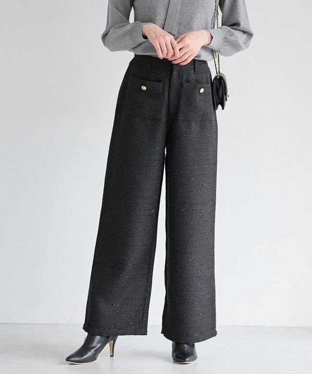 【ピエロ/Pierrot】のボタンデザインラメツイードワイドパンツ【shiho channelさんYouTube紹介アイテム】 インテリア・キッズ・メンズ・レディースファッション・服の通販 founy(ファニー) 　ファッション　Fashion　レディースファッション　Fashion for Women　パンツ　Pants & Trousers　ツイード　Twill, Twill Weave　トレンド　Trend, Trending Now　フロント　Front, Front Design　プチプライス・低価格　Affordable / Budget Price　ワイド　Wide, Wide Fit　エレガント 上品　Elegant　167cm / ブラック / M|ID: prp329100004718326 ipo3291000000034759170