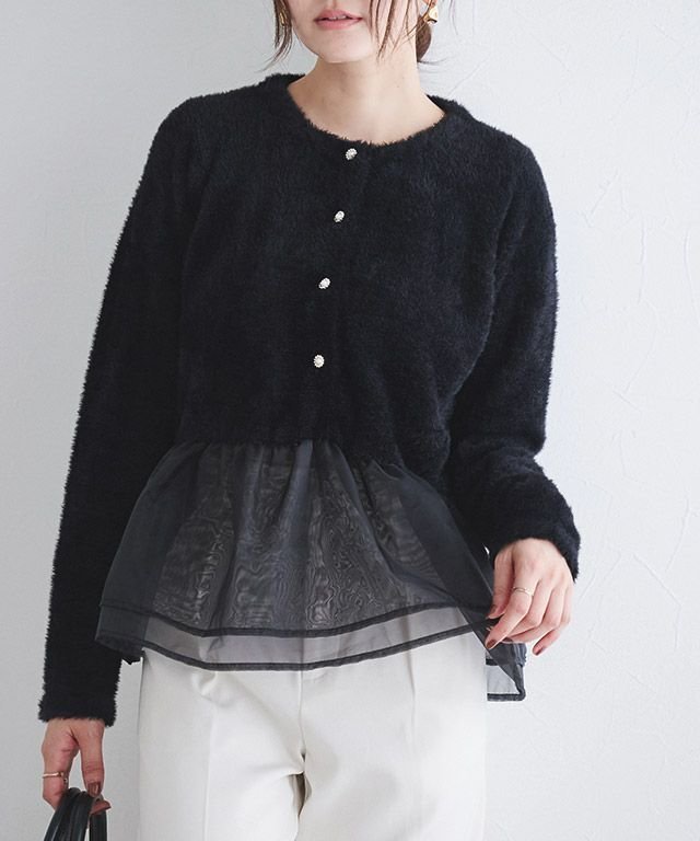 【ピエロ/Pierrot】のドッキングショートシャギーニット 【10月中旬頃より順次発送】 人気、トレンドファッション・服の通販 founy(ファニー) 　ファッション　Fashion　レディースファッション　Fashion for Women　トップス・カットソー　Cut & Sew Tops　ニット　Knit Tops & Sweaters　送料無料　Free Shipping　オーガンジー　Organza Fabric　ドッキング　Docking, Mixed Material　パール　Pearl, Pearl Accent　ビジュー　Bijou, Jewel-like Accent　フェミニン　Feminine, Girly　プチプライス・低価格　Affordable / Budget Price　ペプラム　Peplum, Flared Hem　 other-1|ID: prp329100004722860 ipo3291000000034134871