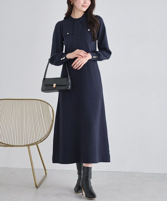 【ピエロ/Pierrot】のボウタイポケットニットワンピース インテリア・キッズ・メンズ・レディースファッション・服の通販 founy(ファニー) 　ファッション　Fashion　レディースファッション　Fashion for Women　ワンピース　Dresses　ニットワンピース　Knit Dresses　フレア　Flare, Flared　プチプライス・低価格　Affordable / Budget Price　エレガント 上品　Elegant　166cm / ネイビー / M|ID: prp329100004722862 ipo3291000000034497265