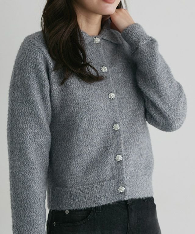 【ピエロ/Pierrot】のビジューボタンポロニット インテリア・キッズ・メンズ・レディースファッション・服の通販 founy(ファニー) 　ファッション　Fashion　レディースファッション　Fashion for Women　トップス・カットソー　Cut & Sew Tops　ニット　Knit Tops & Sweaters　カーディガン　Cardigan, Knitwear　シンプル　Simple, Minimal　トレンド　Trend, Trending Now　フェミニン　Feminine, Girly　プチプライス・低価格　Affordable / Budget Price　エレガント 上品　Elegant　167cm / 杢グレー / M|ID: prp329100004740313 ipo3291000000034244151