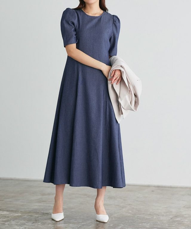 【ピエロ/Pierrot】のシャンブレーパフスリーブワンピース SK インテリア・キッズ・メンズ・レディースファッション・服の通販 founy(ファニー) 　ファッション　Fashion　レディースファッション　Fashion for Women　ワンピース　Dresses　ギャザー　Gathered, Ruffled　シャンブレー　Chambray, Denim-Like Fabric　スリーブ　Sleeve, Long Sleeve / Short Sleeve　トレンド　Trend, Trending Now　プチプライス・低価格　Affordable / Budget Price　インディゴブルー|ID: prp329100004755803 ipo3291000000034400061