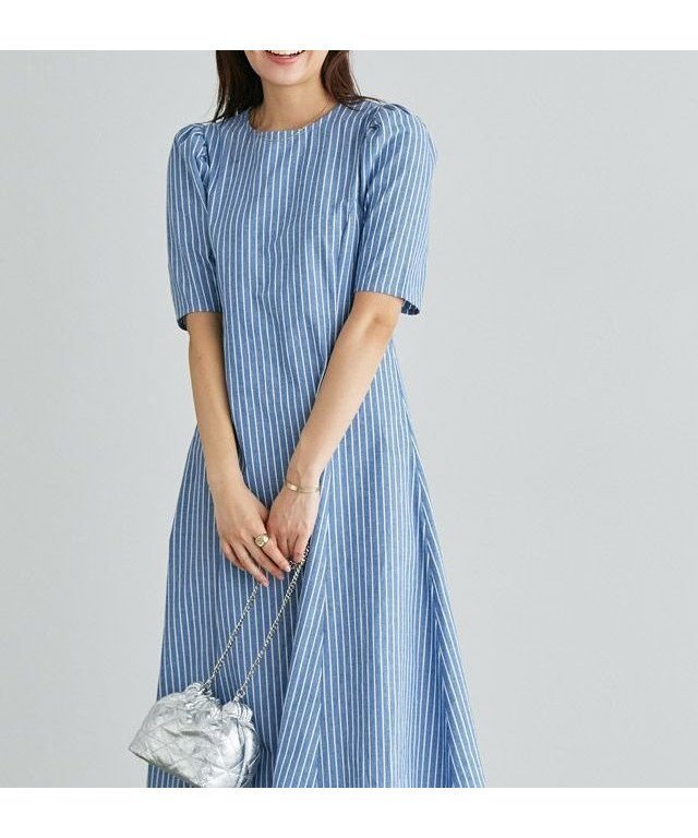 【ピエロ/Pierrot】のシャンブレーパフスリーブワンピース SK インテリア・キッズ・メンズ・レディースファッション・服の通販 founy(ファニー) 　ファッション　Fashion　レディースファッション　Fashion for Women　ワンピース　Dresses　ギャザー　Gathered, Ruffled　シャンブレー　Chambray, Denim-Like Fabric　スリーブ　Sleeve, Long Sleeve / Short Sleeve　トレンド　Trend, Trending Now　プチプライス・低価格　Affordable / Budget Price　ストライプ|ID: prp329100004755803 ipo3291000000034400062