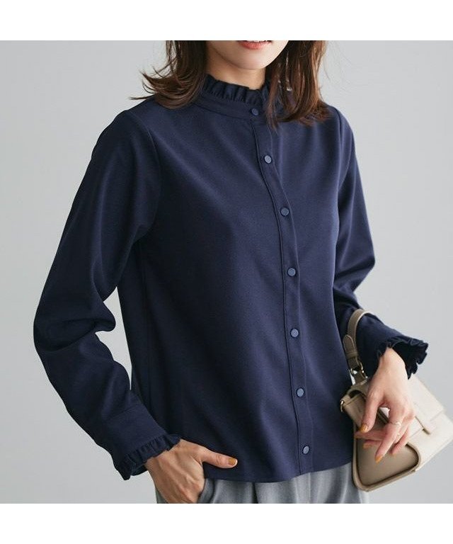 【ピエロ/Pierrot】の【一部予約】裏微起毛フリルネックブラウス インテリア・キッズ・メンズ・レディースファッション・服の通販 founy(ファニー) 　ファッション　Fashion　レディースファッション　Fashion for Women　トップス・カットソー　Cut & Sew Tops　シャツ・ブラウス・オフィスカジュアル　Elegant Blouses & Button-Ups　送料無料　Free Shipping　シンプル　Simple, Minimal　フェミニン　Feminine, Girly　フリル　Frill, Ruffle　プチプライス・低価格　Affordable / Budget Price　エレガント 上品　Elegant　167cm / ネイビー / M|ID: prp329100004763869 ipo3291000000034485576