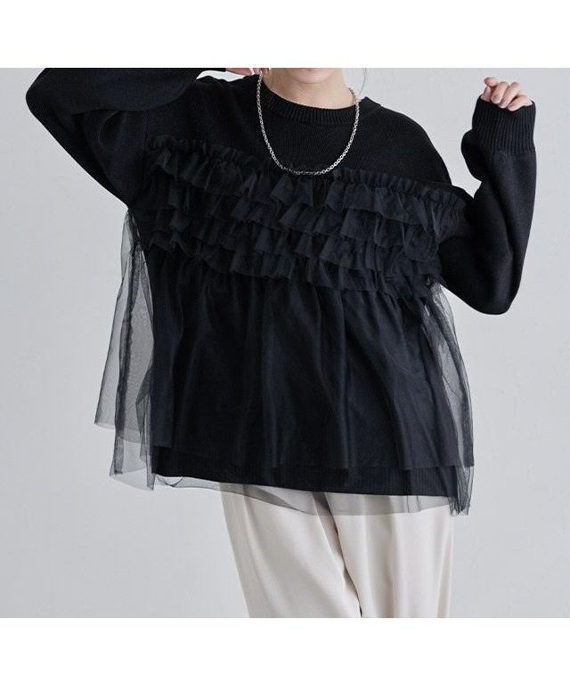 【ピエロ/Pierrot】のECLAM フリルチュールラメ入りニット 人気、トレンドファッション・服の通販 founy(ファニー) 　ファッション　Fashion　レディースファッション　Fashion for Women　トップス・カットソー　Cut & Sew Tops　ニット　Knit Tops & Sweaters　送料無料　Free Shipping　ショルダー　Shoulder, Shoulder Strap　ショート　Short, Short Length　チュール　Tulip, Tulip Motif　デニム　Denim, Jeans Material　トレンド　Trend, Trending Now　ドッキング　Docking, Mixed Material　ドロップ　Drop Shoulder, Dropped Style　フェミニン　Feminine, Girly　プチプライス・低価格　Affordable / Budget Price　A/W・秋冬　Autumn/Winter　 other-1|ID: prp329100004775695 ipo3291000000034619307