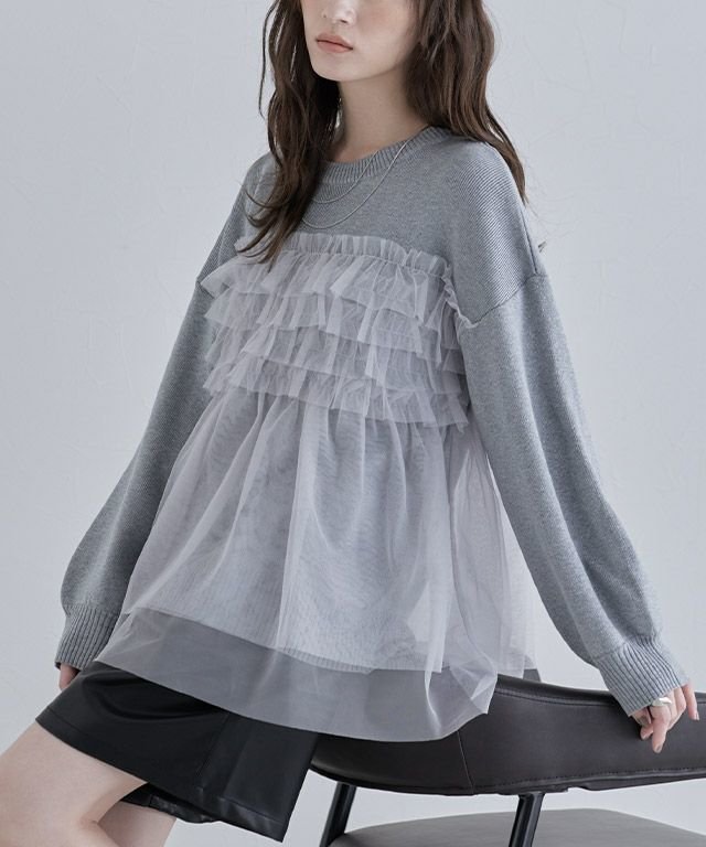 【ピエロ/Pierrot】のECLAM フリルチュールラメ入りニット インテリア・キッズ・メンズ・レディースファッション・服の通販 founy(ファニー) 　ファッション　Fashion　レディースファッション　Fashion for Women　トップス・カットソー　Cut & Sew Tops　ニット　Knit Tops & Sweaters　送料無料　Free Shipping　ショルダー　Shoulder, Shoulder Strap　ショート　Short, Short Length　チュール　Tulip, Tulip Motif　デニム　Denim, Jeans Material　トレンド　Trend, Trending Now　ドッキング　Docking, Mixed Material　ドロップ　Drop Shoulder, Dropped Style　フェミニン　Feminine, Girly　プチプライス・低価格　Affordable / Budget Price　A/W・秋冬　Autumn/Winter　[ECLAM]フリルチュールラメ入りニット|ID: prp329100004775695 ipo3291000000034619311