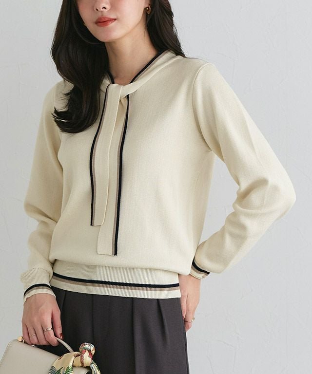 【ピエロ/Pierrot】の配色ボウタイニット インテリア・キッズ・メンズ・レディースファッション・服の通販 founy(ファニー) 　ファッション　Fashion　レディースファッション　Fashion for Women　トップス・カットソー　Cut & Sew Tops　ニット　Knit Tops & Sweaters　プチプライス・低価格　Affordable / Budget Price　167cm / アイボリー / M|ID: prp329100004789802 ipo3291000000035965064