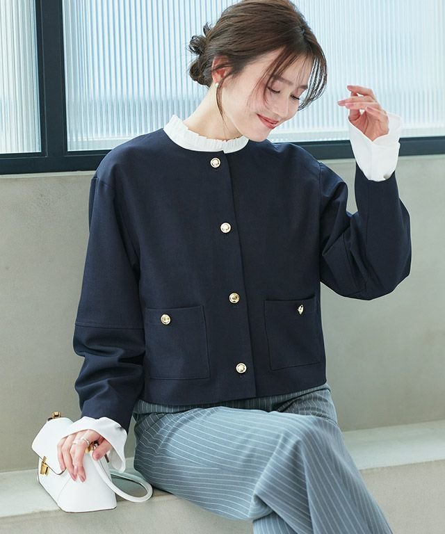 【ピエロ/Pierrot】のゴールドボタンノーカラージャケット 人気、トレンドファッション・服の通販 founy(ファニー) 　ファッション　Fashion　レディースファッション　Fashion for Women　アウター　Coat / Outerwear Collection　レディースジャケット・軽アウター　Jackets　ノーカラージャケット / シンプル上品コーデ　Collarless Jackets　おすすめ　Recommended / Our Picks　クロップド　Cropped, Short Length　ジャケット　Jacket, Outerwear　スリーブ　Sleeve, Long Sleeve / Short Sleeve　フリル　Frill, Ruffle　プチプライス・低価格　Affordable / Budget Price　エレガント 上品　Elegant　 other-1|ID: prp329100004817363 ipo3291000000035965131