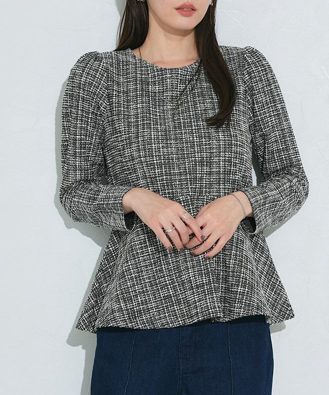 【ピエロ/Pierrot】のツイードペプラムカットソー インテリア・キッズ・メンズ・レディースファッション・服の通販 founy(ファニー) 　ファッション　Fashion　レディースファッション　Fashion for Women　トップス・カットソー　Cut & Sew Tops　カットソー・ベーシックTシャツ　Cut-and-Sewn Tops / Stretch Tees & Basics　カットソー　Cut and Sewn Top　ストレッチ　Stretch, Stretchy Fabric　ツイード　Twill, Twill Weave　トレンド　Trend, Trending Now　バランス　Balance, Style Balance　フレア　Flare, Flared　プチプライス・低価格　Affordable / Budget Price　ペプラム　Peplum, Flared Hem　エレガント 上品　Elegant　ツイードペプラムカットソー|ID: prp329100004832138 ipo3291000000035184779