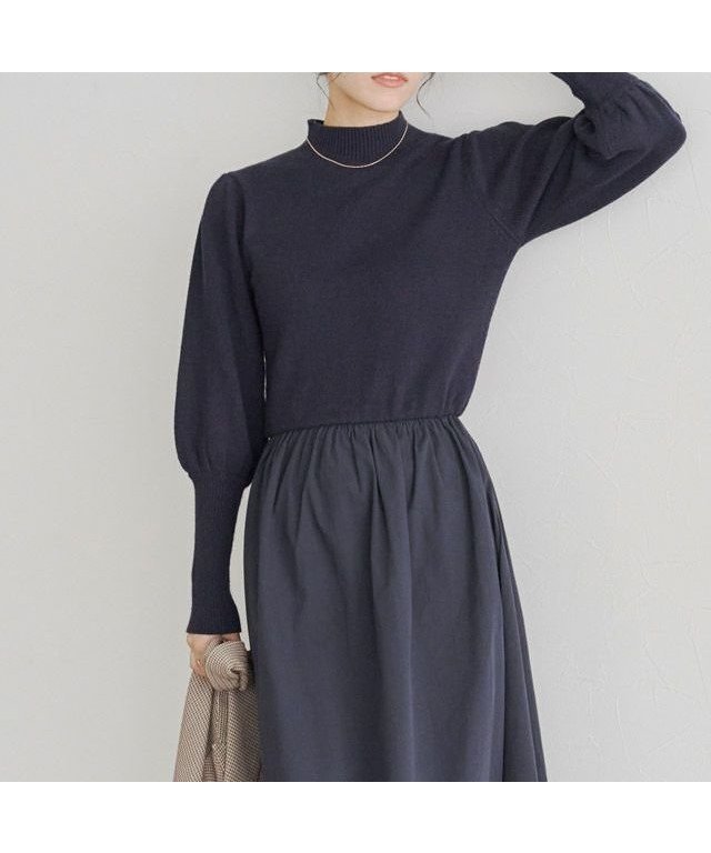【ピエロ/Pierrot】の異素材ドッキングボリュームスリーブワンピース インテリア・キッズ・メンズ・レディースファッション・服の通販 founy(ファニー) 　ファッション　Fashion　レディースファッション　Fashion for Women　ワンピース　Dresses　おすすめ　Recommended / Our Picks　ギャザー　Gathered, Ruffled　タートルネック　Turtleneck, High Neck　ドッキング　Docking, Mixed Material　ハイネック　High Neck, Mock Neck　プチプライス・低価格　Affordable / Budget Price　ネイビー|ID: prp329100004845239 ipo3291000000035331385