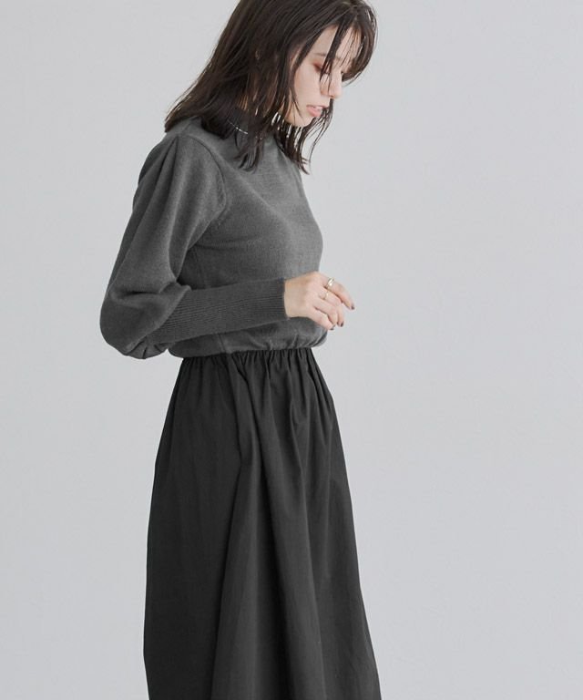 【ピエロ/Pierrot】の異素材ドッキングボリュームスリーブワンピース インテリア・キッズ・メンズ・レディースファッション・服の通販 founy(ファニー) 　ファッション　Fashion　レディースファッション　Fashion for Women　ワンピース　Dresses　おすすめ　Recommended / Our Picks　ギャザー　Gathered, Ruffled　タートルネック　Turtleneck, High Neck　ドッキング　Docking, Mixed Material　ハイネック　High Neck, Mock Neck　プチプライス・低価格　Affordable / Budget Price　チャコール×ブラック|ID: prp329100004845239 ipo3291000000035331386