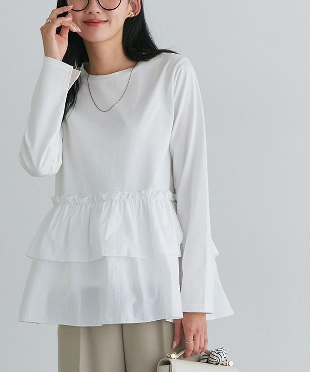 【ピエロ/Pierrot】のフリルドッキングプルオーバー インテリア・キッズ・メンズ・レディースファッション・服の通販 founy(ファニー) 　ファッション　Fashion　レディースファッション　Fashion for Women　トップス・カットソー　Cut & Sew Tops　カジュアルプルオーバー・ニットトップス　Pullovers & Knit Tops / Casual Pullovers　送料無料　Free Shipping　カットソー　Cut and Sewn Top　ドッキング　Docking, Mixed Material　フリル　Frill, Ruffle　プチプライス・低価格　Affordable / Budget Price　ミックス　Mix, Mixed Style　162cm / オフホワイト / M|ID: prp329100004849782 ipo3291000000035495852