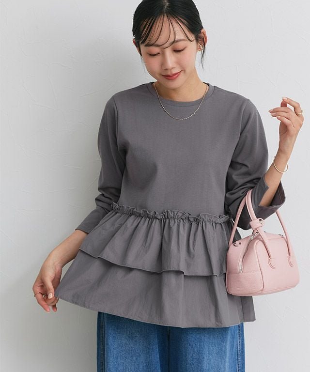 【ピエロ/Pierrot】のフリルドッキングプルオーバー インテリア・キッズ・メンズ・レディースファッション・服の通販 founy(ファニー) 　ファッション　Fashion　レディースファッション　Fashion for Women　トップス・カットソー　Cut & Sew Tops　カジュアルプルオーバー・ニットトップス　Pullovers & Knit Tops / Casual Pullovers　カットソー　Cut and Sewn Top　ドッキング　Docking, Mixed Material　フリル　Frill, Ruffle　プチプライス・低価格　Affordable / Budget Price　ミックス　Mix, Mixed Style　フリルドッキングプルオーバー|ID: prp329100004849782 ipo3291000000036039234