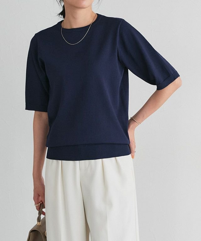 【ピエロ/Pierrot】の【UV/ウォッシャブル】半袖ニット インテリア・キッズ・メンズ・レディースファッション・服の通販 founy(ファニー) 　ファッション　Fashion　レディースファッション　Fashion for Women　トップス・カットソー　Cut & Sew Tops　ニット　Knit Tops & Sweaters　送料無料　Free Shipping　ウォッシャブル　Machine Washable　プチプライス・低価格　Affordable / Budget Price　ベーシック　Basic, Essential　エレガント 上品　Elegant　半袖　Short Sleeve, Half Sleeve　定番　Standard, Basic Item　162cm / ネイビー / M|ID: prp329100004852229 ipo3291000000035621856