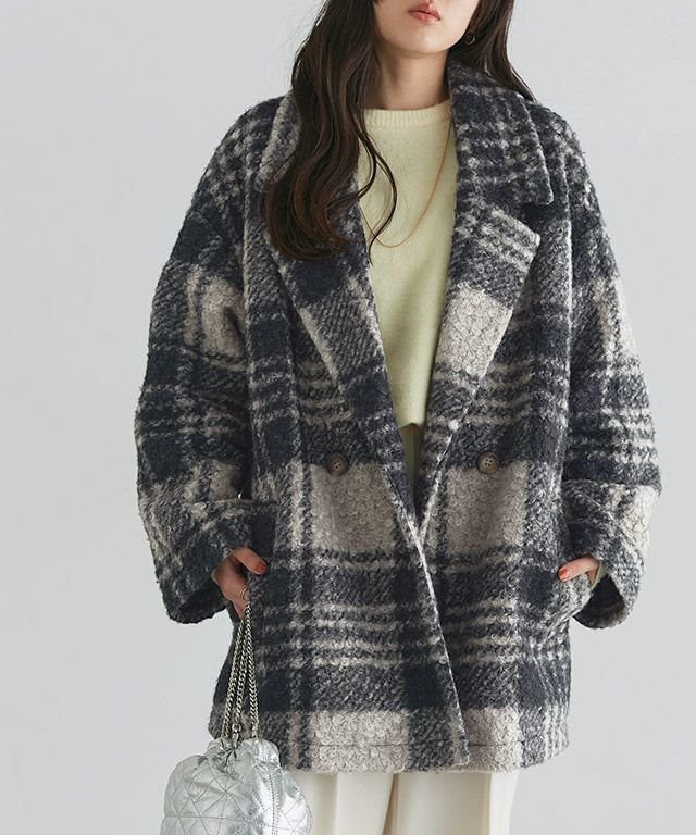 【ピエロ/Pierrot】のブークレーチェックPコート 人気、トレンドファッション・服の通販 founy(ファニー) 　ファッション　Fashion　レディースファッション　Fashion for Women　アウター　Coat / Outerwear Collection　コート・ロングコート・ピーコート　Long Coats, Peacoats & More　レディースジャケット・軽アウター　Jackets　Pコート　Pea Coats　送料無料　Free Shipping　チェック　Check, Plaid, Tartan　デニム　Denim, Jeans Material　フェミニン　Feminine, Girly　プチプライス・低価格　Affordable / Budget Price　 other-1|ID: prp329100004856170 ipo3291000000035806106