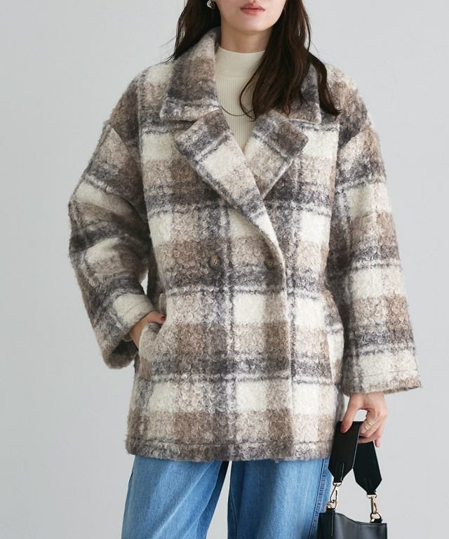 【ピエロ/Pierrot】のブークレーチェックPコート インテリア・キッズ・メンズ・レディースファッション・服の通販 founy(ファニー) 　ファッション　Fashion　レディースファッション　Fashion for Women　アウター　Coat / Outerwear Collection　コート・ロングコート・ピーコート　Long Coats, Peacoats & More　レディースジャケット・軽アウター　Jackets　Pコート　Pea Coats　送料無料　Free Shipping　チェック　Check, Plaid, Tartan　デニム　Denim, Jeans Material　フェミニン　Feminine, Girly　プチプライス・低価格　Affordable / Budget Price　167cm / モカブラウン / M|ID: prp329100004856170 ipo3291000000035806114