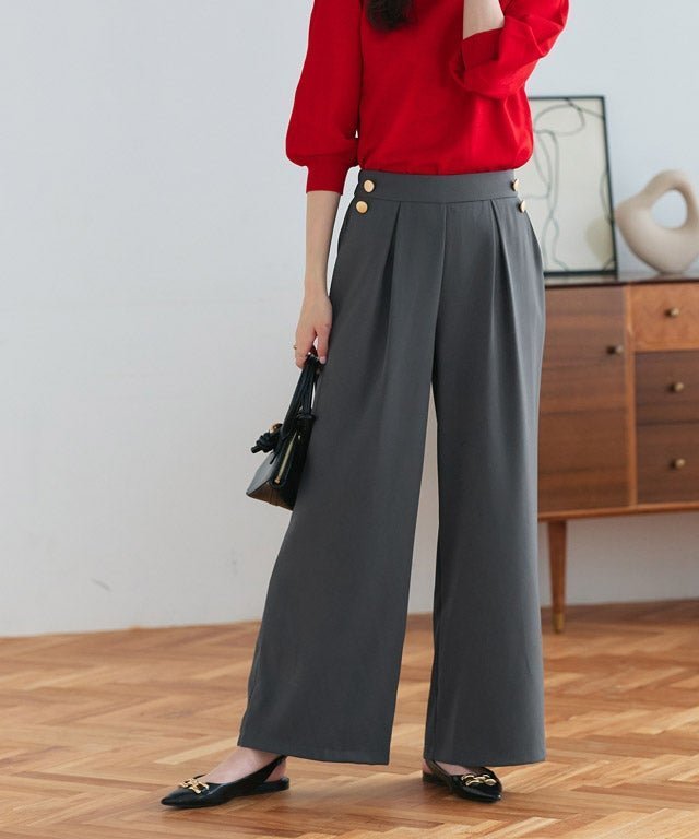 【ピエロ/Pierrot】のゴールドボタンワイドパンツ インテリア・キッズ・メンズ・レディースファッション・服の通販 founy(ファニー) 　ファッション　Fashion　レディースファッション　Fashion for Women　パンツ　Pants & Trousers　送料無料　Free Shipping　クラシカル　Classical, Vintage-Inspired　トレンド　Trend, Trending Now　ドレープ　Drape, Draping Fabric　バランス　Balance, Style Balance　フロント　Front, Front Design　プチプライス・低価格　Affordable / Budget Price　ワイド　Wide, Wide Fit　エレガント 上品　Elegant　今季　This Season, Current Season　167cm / チャコール / M|ID: prp329100004859838 ipo3291000000035965510
