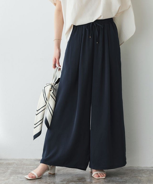 【ピエロ/Pierrot】の接触冷感イージーワイドパンツ インテリア・キッズ・メンズ・レディースファッション・服の通販 founy(ファニー) 　ファッション　Fashion　レディースファッション　Fashion for Women　パンツ　Pants & Trousers　送料無料　Free Shipping　おすすめ　Recommended / Our Picks　サマー　Summer, Summer Style　プチプライス・低価格　Affordable / Budget Price　リボン　Ribbon, Bow　ワイド　Wide, Wide Fit　吸水　Absorbent, Quick-Dry　夏　Summer　旅行　Travel　167cm / ネイビー / M|ID: prp329100004880732 ipo3291000000036428489