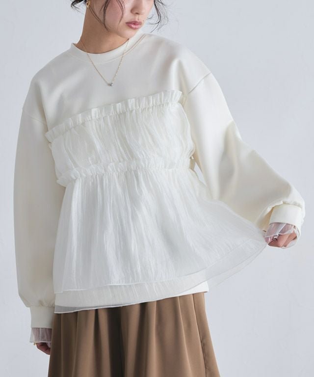 【ピエロ/Pierrot】のECLAM ペプラムドッキングプルオーバー インテリア・キッズ・メンズ・レディースファッション・服の通販 founy(ファニー) 　ファッション　Fashion　レディースファッション　Fashion for Women　トップス・カットソー　Cut & Sew Tops　カジュアルプルオーバー・ニットトップス　Pullovers & Knit Tops / Casual Pullovers　オーガンジー　Organza Fabric　シンプル　Simple, Minimal　デニム　Denim, Jeans Material　ドッキング　Docking, Mixed Material　プチプライス・低価格　Affordable / Budget Price　ペプラム　Peplum, Flared Hem　ボトム　Bottoms, Lower Wear　エレガント 上品　Elegant　ビジネス 仕事 通勤　Business / Work / Commuting　[ECLAM]ペプラムドッキングプルオーバー|ID: prp329100004880756 ipo3291000000036428584