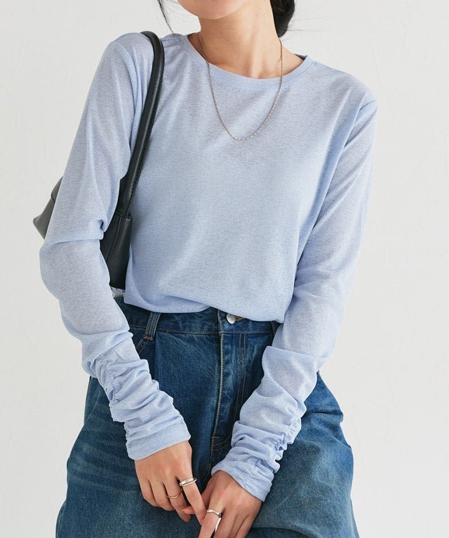 【ピエロ/Pierrot】の袖シャーリングシアーロングスリーブTシャツ インテリア・キッズ・メンズ・レディースファッション・服の通販 founy(ファニー) 　ファッション　Fashion　レディースファッション　Fashion for Women　トップス・カットソー　Cut & Sew Tops　シャツ・ブラウス・オフィスカジュアル　Elegant Blouses & Button-Ups　ロングTシャツ・Tシャツ　Longline T-Shirts & Tees　送料無料　Free Shipping　おすすめ　Recommended / Our Picks　インナー　Innerwear　シアー　Sheer, See-Through　シャーリング　Shirring, Ruched　シンプル　Simple, Minimal　スウェット / スエット　Sweatshirt, Sweatwear　トレンド　Trend, Trending Now　プチプライス・低価格　Affordable / Budget Price　162cm / サックス / M|ID: prp329100004880773 ipo3291000000036428646