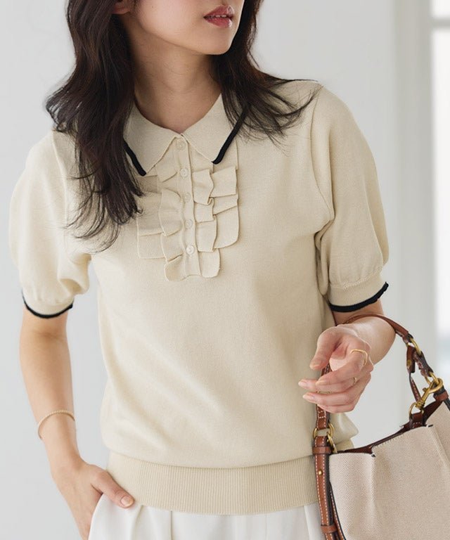 【ピエロ/Pierrot】のフリルデザインポロニット インテリア・キッズ・メンズ・レディースファッション・服の通販 founy(ファニー) 　ファッション　Fashion　レディースファッション　Fashion for Women　トップス・カットソー　Cut & Sew Tops　ニット　Knit Tops & Sweaters　クラシカル　Classical, Vintage-Inspired　トレンド　Trend, Trending Now　フリル　Frill, Ruffle　プチプライス・低価格　Affordable / Budget Price　フリルデザインポロニット|ID: prp329100004886639 ipo3291000000036484736