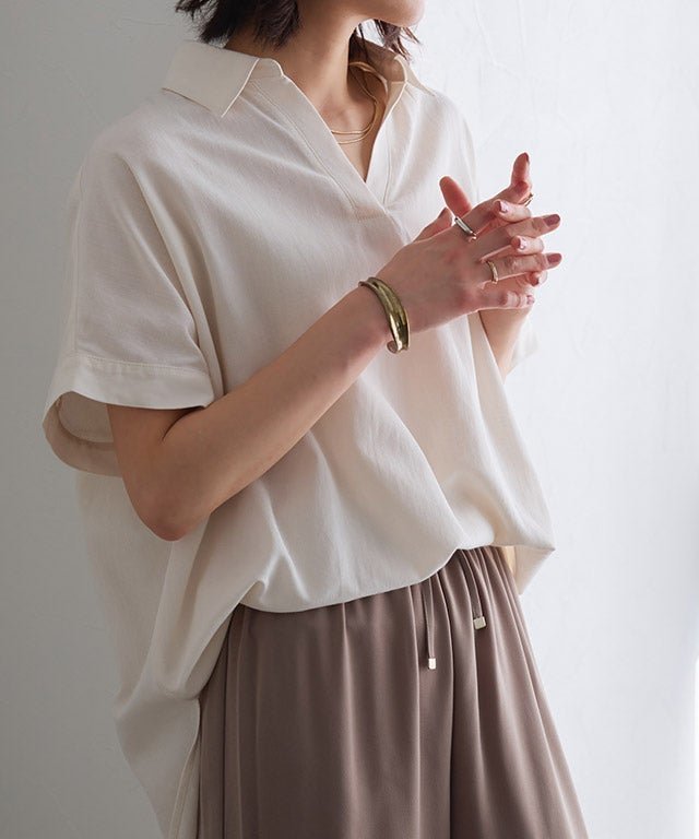 【ピエロ/Pierrot】のリネンタッチスキッパーオーバーブラウス インテリア・キッズ・メンズ・レディースファッション・服の通販 founy(ファウニー) 　ファッション　Fashion　レディースファッション　Fashion for Women　トップス・カットソー　Cut & Sew Tops　シャツ・ブラウス・オフィスカジュアル　Elegant Blouses & Button-Ups　スキッパー　Skipper, Open Collar　バランス　Balance, Style Balance　プチプライス・低価格　Affordable / Budget Price　リネン　Linen, Linen Fabric　リネンタッチスキッパーオーバーブラウス|ID: prp329100004886662 ipo3291000000037057626