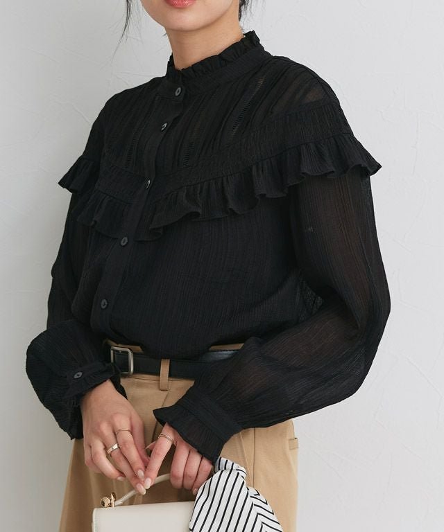 【ピエロ/Pierrot】のフリルシャーリングブラウス 人気、トレンドファッション・服の通販 founy(ファニー) 　ファッション　Fashion　レディースファッション　Fashion for Women　トップス・カットソー　Cut & Sew Tops　シャツ・ブラウス・オフィスカジュアル　Elegant Blouses & Button-Ups　デコルテ　Décolleté, Neckline　フェミニン　Feminine, Girly　フリル　Frill, Ruffle　プチプライス・低価格　Affordable / Budget Price　レース　Lace, Lace Fabric　エレガント 上品　Elegant　切替　Switching, Contrast Panel　 other-1|ID: prp329100004904347 ipo3291000000036710928