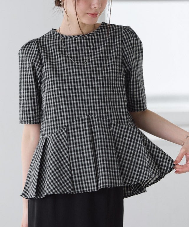 【ピエロ/Pierrot】の柄が選べるペプラムタックブラウス インテリア・キッズ・メンズ・レディースファッション・服の通販 founy(ファニー) 　ファッション　Fashion　レディースファッション　Fashion for Women　トップス・カットソー　Cut & Sew Tops　シャツ・ブラウス・オフィスカジュアル　Elegant Blouses & Button-Ups　送料無料　Free Shipping　ギンガム　Gingham, Gingham Fabric　ストライプ　Stripe, Striped Pattern　ツイード　Twill, Twill Weave　トレンド　Trend, Trending Now　フェミニン　Feminine, Girly　フレア　Flare, Flared　プチプライス・低価格　Affordable / Budget Price　163cm / ギンガム / ブラック / M|ID: prp329100004909439 ipo3291000000036776433