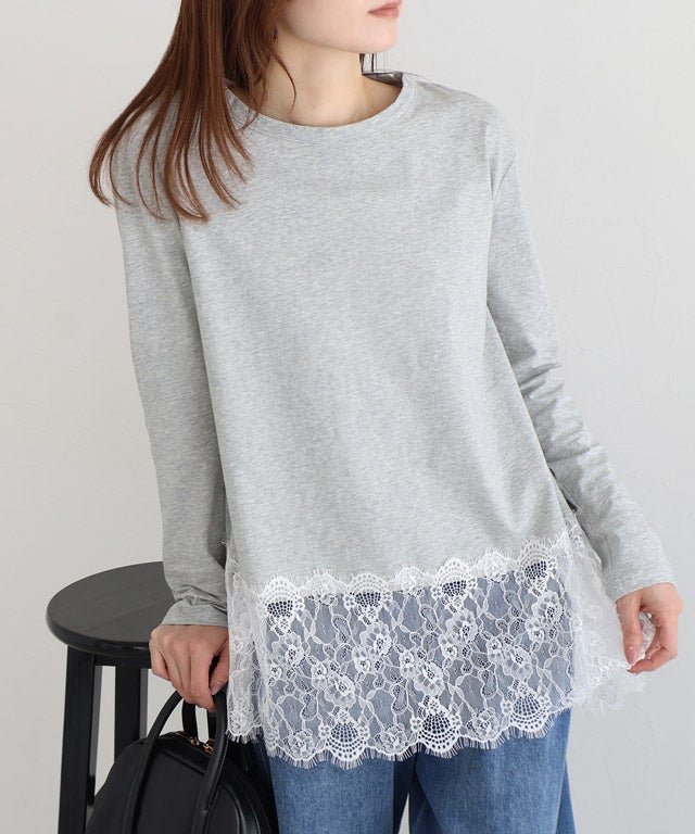 【ピエロ/Pierrot】の裾レースドッキングカットソー インテリア・キッズ・メンズ・レディースファッション・服の通販 founy(ファニー) 　ファッション　Fashion　レディースファッション　Fashion for Women　トップス・カットソー　Cut & Sew Tops　カットソー・ベーシックTシャツ　Cut-and-Sewn Tops / Stretch Tees & Basics　ドッキング　Docking, Mixed Material　プチプライス・低価格　Affordable / Budget Price　レース　Lace, Lace Fabric　ロング　Long, Long-Length　エレガント 上品　Elegant　163cm / ライトグレー / M|ID: prp329100004913274 ipo3291000000036820767
