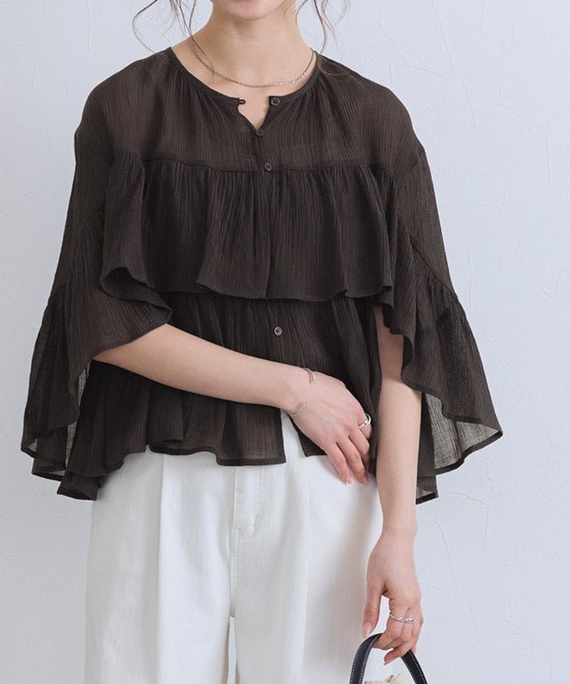 【ピエロ/Pierrot】のティアードフリルブラウス インテリア・キッズ・メンズ・レディースファッション・服の通販 founy(ファニー) ファッション Fashion レディースファッション Fashion for Women トップス・カットソー Cut & Sew Tops シャツ・ブラウス・オフィスカジュアル Elegant Blouses & Button-Ups 送料無料 Free Shipping シアー Sheer, See-Through プチプライス・低価格 Affordable / Budget Price 夏 Summer 羽織 Haori, Light Jacket 163cm / ブラウン / M|ID: prp329100004919102 ipo3291000000036901684