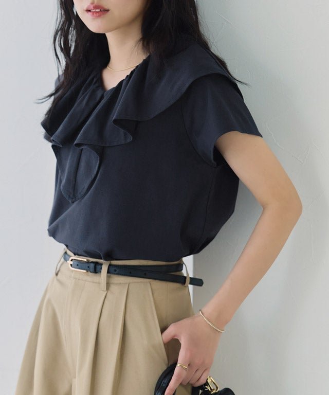 【ピエロ/Pierrot】のイージーケアフリルデザインカットソー インテリア・キッズ・メンズ・レディースファッション・服の通販 founy(ファニー) 　ファッション　Fashion　レディースファッション　Fashion for Women　トップス・カットソー　Cut & Sew Tops　カットソー・ベーシックTシャツ　Cut-and-Sewn Tops / Stretch Tees & Basics　送料無料　Free Shipping　カットソー　Cut and Sewn Top　シンプル　Simple, Minimal　フリル　Frill, Ruffle　プチプライス・低価格　Affordable / Budget Price　エレガント 上品　Elegant　162cm / ネイビー / M|ID: prp329100004919103 ipo3291000000036901694