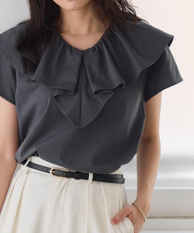 【ピエロ/Pierrot】のイージーケアフリルデザインカットソー インテリア・キッズ・メンズ・レディースファッション・服の通販 founy(ファニー) 　ファッション　Fashion　レディースファッション　Fashion for Women　トップス・カットソー　Cut & Sew Tops　カットソー・ベーシックTシャツ　Cut-and-Sewn Tops / Stretch Tees & Basics　送料無料　Free Shipping　カットソー　Cut and Sewn Top　シンプル　Simple, Minimal　フリル　Frill, Ruffle　プチプライス・低価格　Affordable / Budget Price　エレガント 上品　Elegant　162cm / チャコール / M|ID: prp329100004919103 ipo3291000000036901696