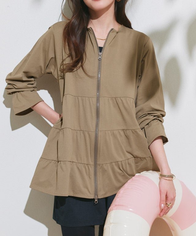 【ピエロ/Pierrot】の【ラッシュガード】2wayティアードチュニック インテリア・キッズ・メンズ・レディースファッション・服の通販 founy(ファニー) 　ファッション　Fashion　レディースファッション　Fashion for Women　トップス・カットソー　Cut & Sew Tops　送料無料　Free Shipping　ウォッシャブル　Machine Washable　スリーブ　Sleeve, Long Sleeve / Short Sleeve　フェミニン　Feminine, Girly　プチプライス・低価格　Affordable / Budget Price　羽織　Haori, Light Jacket　164cm / モカベージュ / M|ID: prp329100004926231 ipo3291000000036964520