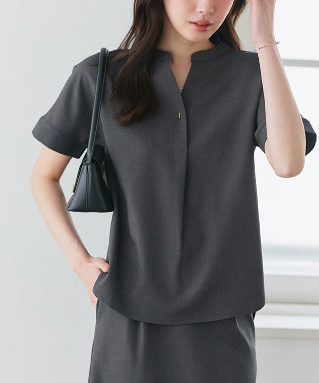 【ピエロ/Pierrot】の接触冷感リネンライクスキッパーブラウス インテリア・キッズ・メンズ・レディースファッション・服の通販 founy(ファニー) 　ファッション　Fashion　レディースファッション　Fashion for Women　トップス・カットソー　Cut & Sew Tops　シャツ・ブラウス・オフィスカジュアル　Elegant Blouses & Button-Ups　スキッパー　Skipper, Open Collar　セットアップ　Set-Up, Coordinated Outfit　プチプライス・低価格　Affordable / Budget Price　リネン　Linen, Linen Fabric　エレガント 上品　Elegant　夏　Summer　167cm / チャコール / M|ID: prp329100004931818 ipo3291000000037016317
