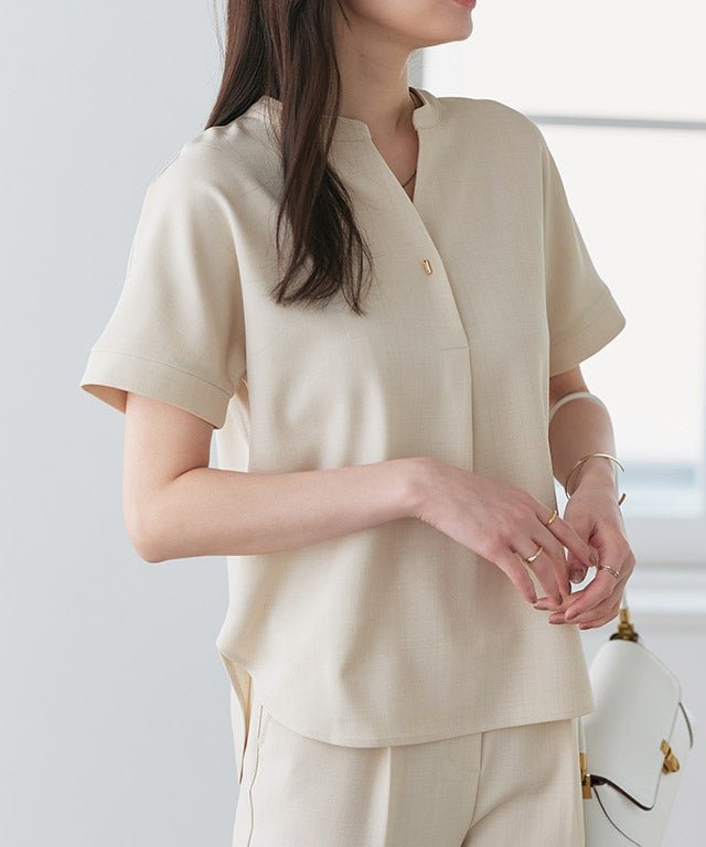 【ピエロ/Pierrot】の接触冷感リネンライクスキッパーブラウス インテリア・キッズ・メンズ・レディースファッション・服の通販 founy(ファニー) 　ファッション　Fashion　レディースファッション　Fashion for Women　トップス・カットソー　Cut & Sew Tops　シャツ・ブラウス・オフィスカジュアル　Elegant Blouses & Button-Ups　スキッパー　Skipper, Open Collar　セットアップ　Set-Up, Coordinated Outfit　プチプライス・低価格　Affordable / Budget Price　リネン　Linen, Linen Fabric　エレガント 上品　Elegant　夏　Summer　167cm / 杢ライトベージュ / M|ID: prp329100004931818 ipo3291000000037016321