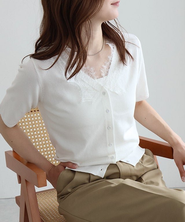 【ピエロ/Pierrot】のレース付きニットカーディガン インテリア・キッズ・メンズ・レディースファッション・服の通販 founy(ファニー) 　ファッション　Fashion　レディースファッション　Fashion for Women　トップス・カットソー　Cut & Sew Tops　ニット　Knit Tops & Sweaters　カーディガン・羽織り　Layered Style Cardigans　送料無料　Free Shipping　カーディガン　Cardigan, Knitwear　シンプル　Simple, Minimal　トレンド　Trend, Trending Now　プチプライス・低価格　Affordable / Budget Price　レース　Lace, Lace Fabric　レース付きニットカーディガン|ID: prp329100004931865 ipo3291000000037016590