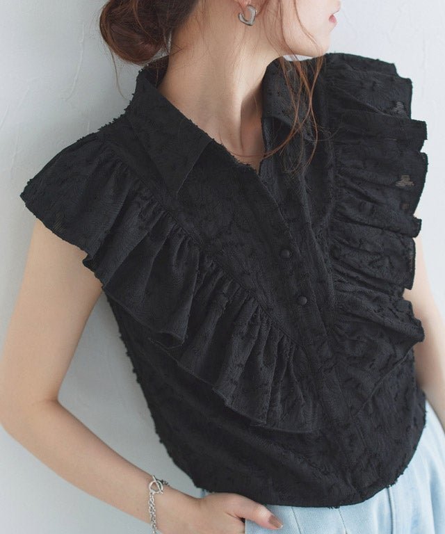 【ピエロ/Pierrot】のECLAM フリンジジャカードフリルブラウス インテリア・キッズ・メンズ・レディースファッション・服の通販 founy(ファニー) 　ファッション　Fashion　レディースファッション　Fashion for Women　トップス・カットソー　Cut & Sew Tops　シャツ・ブラウス・オフィスカジュアル　Elegant Blouses & Button-Ups　クロップド　Cropped, Short Length　シンプル　Simple, Minimal　ジャカード／ジャガード　Jacquard, Woven Pattern　ダウン　Down, Puffer　デニム　Denim, Jeans Material　トレンド　Trend, Trending Now　フリル　Frill, Ruffle　フリンジ　Fringe, Tassel　プチプライス・低価格　Affordable / Budget Price　夏　Summer　160cm / ブラック / M|ID: prp329100004942396 ipo3291000000037094720