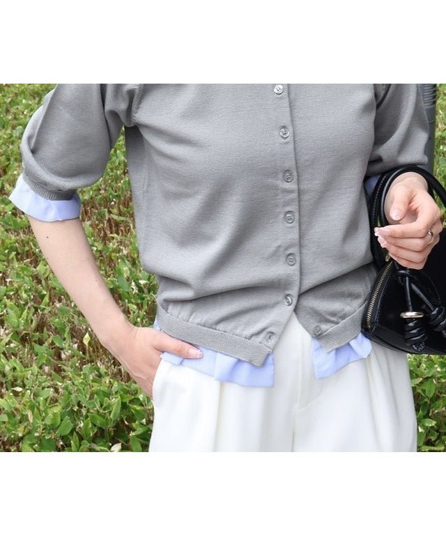 【ピエロ/Pierrot】の接触冷感配色レイヤードカーディガン インテリア・キッズ・メンズ・レディースファッション・服の通販 founy(ファニー) 　ファッション　Fashion　レディースファッション　Fashion for Women　トップス・カットソー　Cut & Sew Tops　カーディガン・羽織り　Layered Style Cardigans　送料無料　Free Shipping　ウォッシャブル　Machine Washable　カーディガン　Cardigan, Knitwear　トレンド　Trend, Trending Now　ドッキング　Docking, Mixed Material　フリル　Frill, Ruffle　プチプライス・低価格　Affordable / Budget Price　夏　Summer　春　Spring　163cm / ライトグレー×ブルー / M|ID: prp329100004963468 ipo3291000000037236884