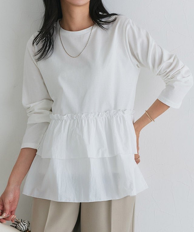 【ピエロ/Pierrot】のフリルドッキングプルオーバー インテリア・キッズ・メンズ・レディースファッション・服の通販 founy(ファウニー) 　ファッション　Fashion　レディースファッション　Fashion for Women　トップス・カットソー　Cut & Sew Tops　カジュアルプルオーバー・ニットトップス　Pullovers & Knit Tops / Casual Pullovers　カットソー　Cut and Sewn Top　ドッキング　Docking, Mixed Material　フリル　Frill, Ruffle　プチプライス・低価格　Affordable / Budget Price　ミックス　Mix, Mixed Style　フリルドッキングプルオーバー|ID: prp329100004971561 ipo3291000000037281710