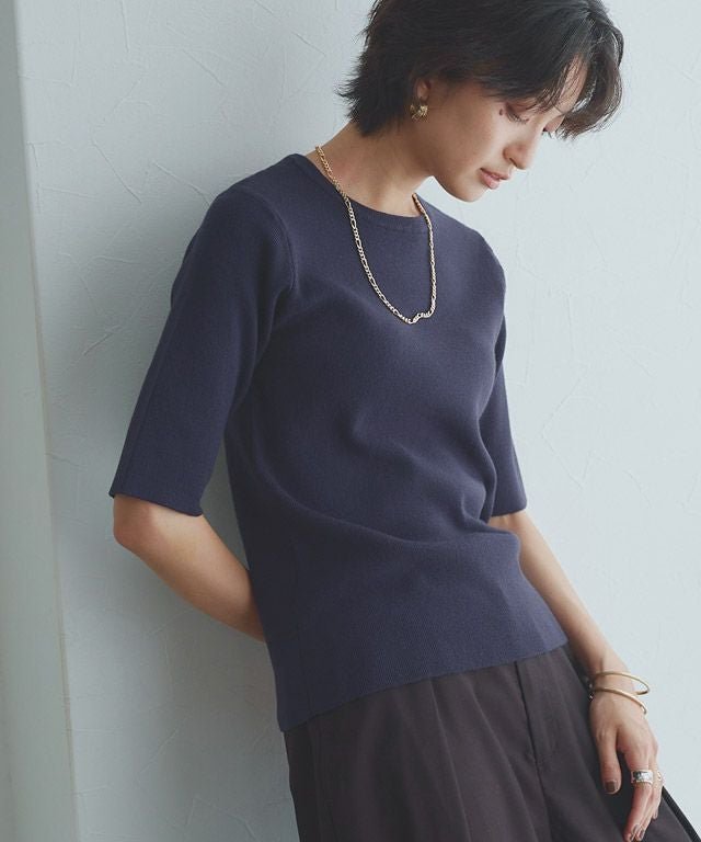 【ピエロ/Pierrot】のRASW ビスコース半袖リブニット 【Akaneさん着用アイテム】 インテリア・キッズ・メンズ・レディースファッション・服の通販 founy(ファウニー) 　ファッション　Fashion　レディースファッション　Fashion for Women　トップス・カットソー　Cut & Sew Tops　ニット　Knit Tops & Sweaters　おすすめ　Recommended / Our Picks　なめらか　Smooth, Silky Texture　アンサンブル　Ensemble Set　カーディガン　Cardigan, Knitwear　バランス　Balance, Style Balance　プチプライス・低価格　Affordable / Budget Price　リブニット　Rib Knit, Ribbed Knit　エレガント 上品　Elegant　半袖　Short Sleeve, Half Sleeve　166cm / ダークネイビー / M|ID: prp329100004971999 ipo3291000000037283473