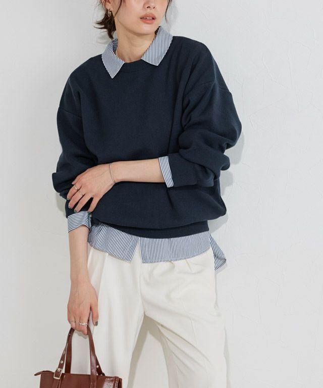【ピエロ/Pierrot】の【コットンブレンド】スウェットライクニット インテリア・キッズ・メンズ・レディースファッション・服の通販 founy(ファウニー) 　ファッション　Fashion　レディースファッション　Fashion for Women　トップス・カットソー　Cut & Sew Tops　ニット　Knit Tops & Sweaters　レディースパーカー・カジュアルフーディー　Casual Hoodies & Sweatshirts　スウェット・クルーネックトップス　Sweatshirts & Crewnecks / Relaxed Fit Sweat Tops　ウォッシャブル　Machine Washable　シンプル　Simple, Minimal　プチプライス・低価格　Affordable / Budget Price　ベーシック　Basic, Essential　洗える　Machine Washable　167cm / ネイビー / M|ID: prp329100004972037 ipo3291000000037283669