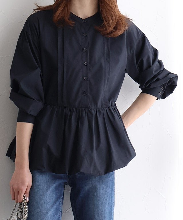 【ピエロ/Pierrot】のバンドカラーバルーンペプラムブラウス インテリア・キッズ・メンズ・レディースファッション・服の通販 founy(ファウニー) 　ファッション　Fashion　レディースファッション　Fashion for Women　トップス・カットソー　Cut & Sew Tops　シャツ・ブラウス・オフィスカジュアル　Elegant Blouses & Button-Ups　おすすめ　Recommended / Our Picks　ギャザー　Gathered, Ruffled　スラックス　Slacks, Dress Pants　デニム　Denim, Jeans Material　バルーン　Balloon, Balloon Silhouette　プチプライス・低価格　Affordable / Budget Price　ペプラム　Peplum, Flared Hem　バンドカラーバルーンペプラムブラウス|ID: prp329100004972061 ipo3291000000037283794