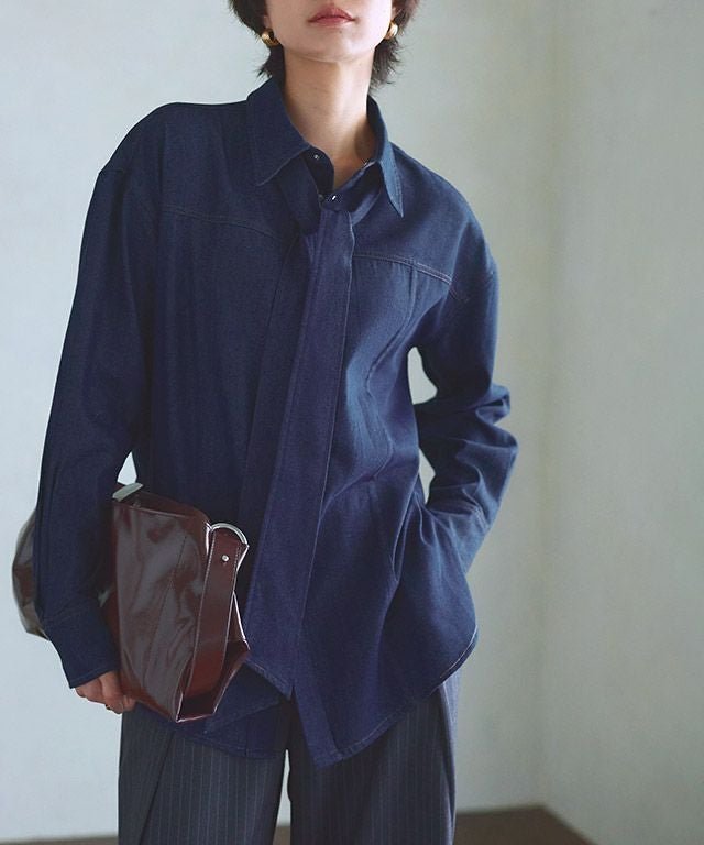 【ピエロ/Pierrot】のRASW デニムリボンシャツ インテリア・キッズ・メンズ・レディースファッション・服の通販 founy(ファウニー) 　ファッション　Fashion　レディースファッション　Fashion for Women　トップス・カットソー　Cut & Sew Tops　シャツ・ブラウス・オフィスカジュアル　Elegant Blouses & Button-Ups　ウエスタン　Western Style　デニム　Denim, Jeans Material　プチプライス・低価格　Affordable / Budget Price　リボン　Ribbon, Bow　[RASW]デニムリボンシャツ|ID: prp329100004972084 ipo3291000000037283869