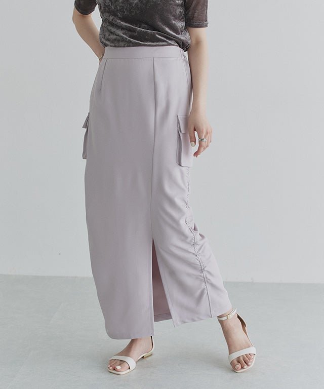 【ピエロ/Pierrot】のECLAM サイドギャザーカーゴスカート インテリア・キッズ・メンズ・レディースファッション・服の通販 founy(ファウニー) 　ファッション　Fashion　レディースファッション　Fashion for Women　スカート　Skirts　ギャザー　Gathered, Ruffled　ストレッチ　Stretch, Stretchy Fabric　スリット　Slit, Slit Detail　トレンド　Trend, Trending Now　フロント　Front, Front Design　プチプライス・低価格　Affordable / Budget Price　ベーシック　Basic, Essential　サイドギャザーカーゴスカート|ID: prp329100004972088 ipo3291000000037283881