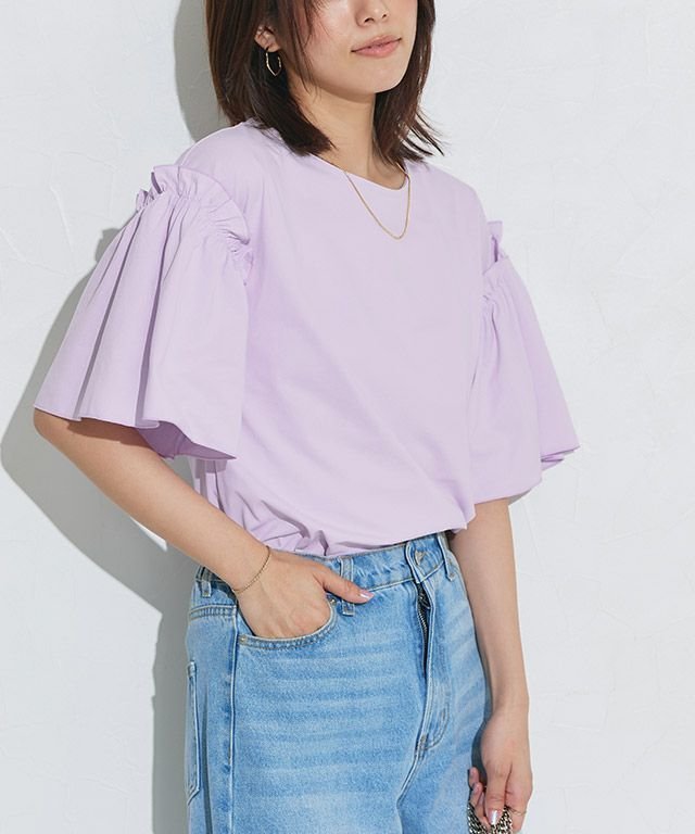 【ピエロ/Pierrot】のドライタッチフリルギャザースリーブTシャツ インテリア・キッズ・メンズ・レディースファッション・服の通販 founy(ファウニー) 　ファッション　Fashion　レディースファッション　Fashion for Women　トップス・カットソー　Cut & Sew Tops　シャツ・ブラウス・オフィスカジュアル　Elegant Blouses & Button-Ups　ロングTシャツ・Tシャツ　Longline T-Shirts & Tees　ギャザー　Gathered, Ruffled　フリル　Frill, Ruffle　フレア　Flare, Flared　プチプライス・低価格　Affordable / Budget Price　吸水　Absorbent, Quick-Dry　夏　Summer　167cm / ラベンダー / M|ID: prp329100004972170 ipo3291000000037284264