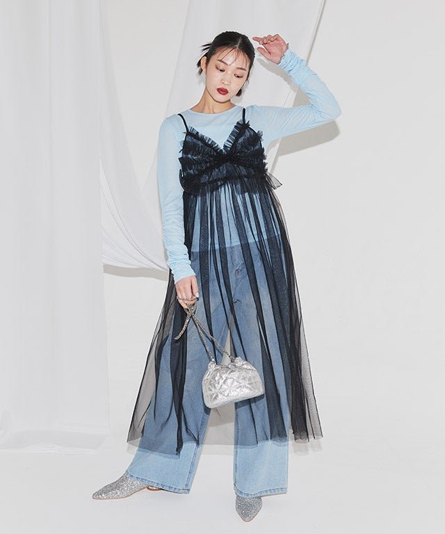 【ピエロ/Pierrot】のECLAM チュールキャミワンピース インテリア・キッズ・メンズ・レディースファッション・服の通販 founy(ファウニー) 　ファッション　Fashion　レディースファッション　Fashion for Women　ワンピース　Dresses　キャミソールワンピース　Camisole Dresses　インナー　Innerwear　キャミソール　Camisole, Spaghetti Strap Top　シンプル　Simple, Minimal　チュール　Tulip, Tulip Motif　デニム　Denim, Jeans Material　フリル　Frill, Ruffle　プチプライス・低価格　Affordable / Budget Price　リボン　Ribbon, Bow　166cm / ブラック / M|ID: prp329100004972192 ipo3291000000037284369