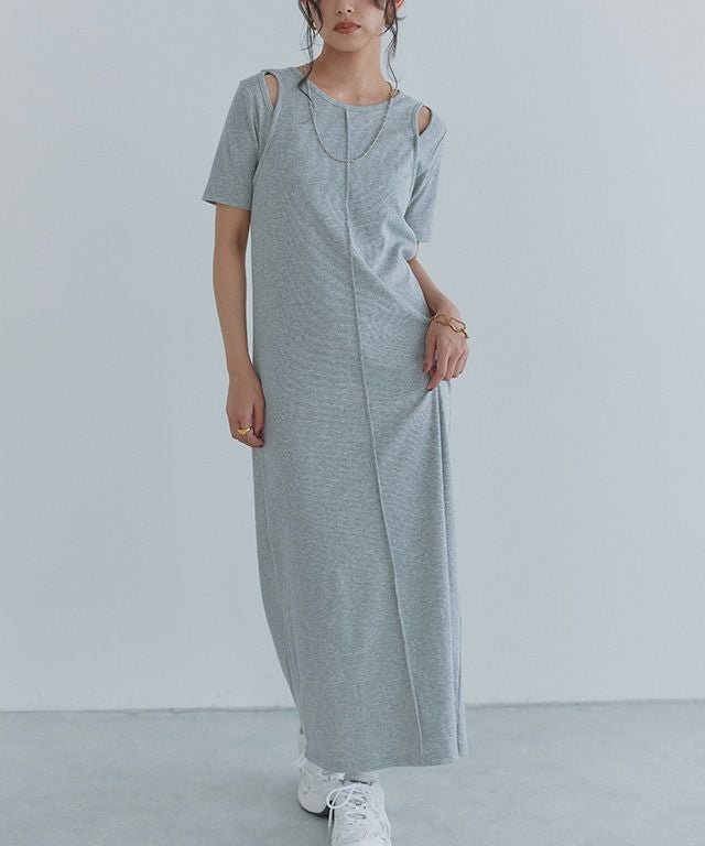 【ピエロ/Pierrot】のECLAM リブカットソーレイヤード風ワンピース インテリア・キッズ・メンズ・レディースファッション・服の通販 founy(ファウニー) 　ファッション　Fashion　レディースファッション　Fashion for Women　ワンピース　Dresses　スリット　Slit, Slit Detail　ブルゾン　Blouson, Bomber Jacket　プチプライス・低価格　Affordable / Budget Price　ロング　Long, Long-Length　163cm / 杢グレー / FREE|ID: prp329100004972207 ipo3291000000037284434