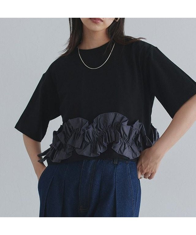 【ピエロ/Pierrot】の【A会場】 ECLAM フリルドッキングトップス インテリア・キッズ・メンズ・レディースファッション・服の通販 founy(ファウニー) 　ファッション　Fashion　レディースファッション　Fashion for Women　トップス・カットソー　Cut & Sew Tops　送料無料　Free Shipping　カットソー　Cut and Sewn Top　クロップド　Cropped, Short Length　シンプル　Simple, Minimal　デニム　Denim, Jeans Material　トレンド　Trend, Trending Now　フリル　Frill, Ruffle　プチプライス・低価格　Affordable / Budget Price　夏　Summer　163cm / ブラック×チャコール / M|ID: prp329100004972255 ipo3291000000037284719