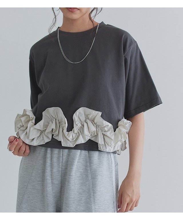 【ピエロ/Pierrot】の【A会場】 ECLAM フリルドッキングトップス インテリア・キッズ・メンズ・レディースファッション・服の通販 founy(ファウニー) 　ファッション　Fashion　レディースファッション　Fashion for Women　トップス・カットソー　Cut & Sew Tops　送料無料　Free Shipping　カットソー　Cut and Sewn Top　クロップド　Cropped, Short Length　シンプル　Simple, Minimal　デニム　Denim, Jeans Material　トレンド　Trend, Trending Now　フリル　Frill, Ruffle　プチプライス・低価格　Affordable / Budget Price　夏　Summer　[ECLAM] フリルドッキングトップス|ID: prp329100004972255 ipo3291000000037284721