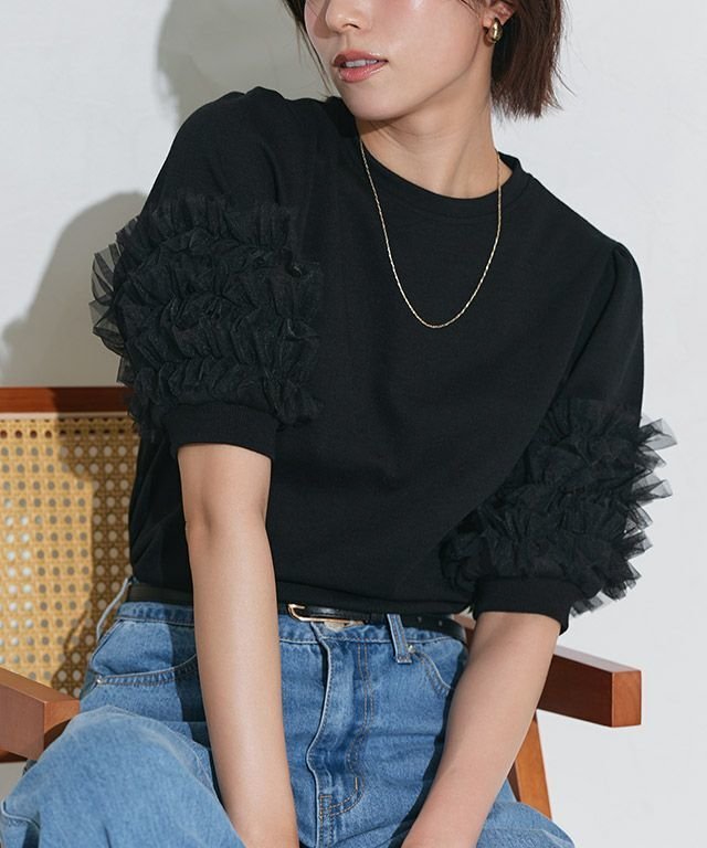 【ピエロ/Pierrot】の【B会場】チュールスリーブプルオーバー インテリア・キッズ・メンズ・レディースファッション・服の通販 founy(ファウニー) 　ファッション　Fashion　レディースファッション　Fashion for Women　トップス・カットソー　Cut & Sew Tops　カジュアルプルオーバー・ニットトップス　Pullovers & Knit Tops / Casual Pullovers　スラックス　Slacks, Dress Pants　チュール　Tulip, Tulip Motif　デニム　Denim, Jeans Material　トレンド　Trend, Trending Now　バランス　Balance, Style Balance　プチプライス・低価格　Affordable / Budget Price　167cm / ブラック / M|ID: prp329100004972259 ipo3291000000037284735